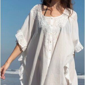 Natural Life Embroidered Front Buttons Scoop Tunic Neck Side Ruffles Semi Sheer